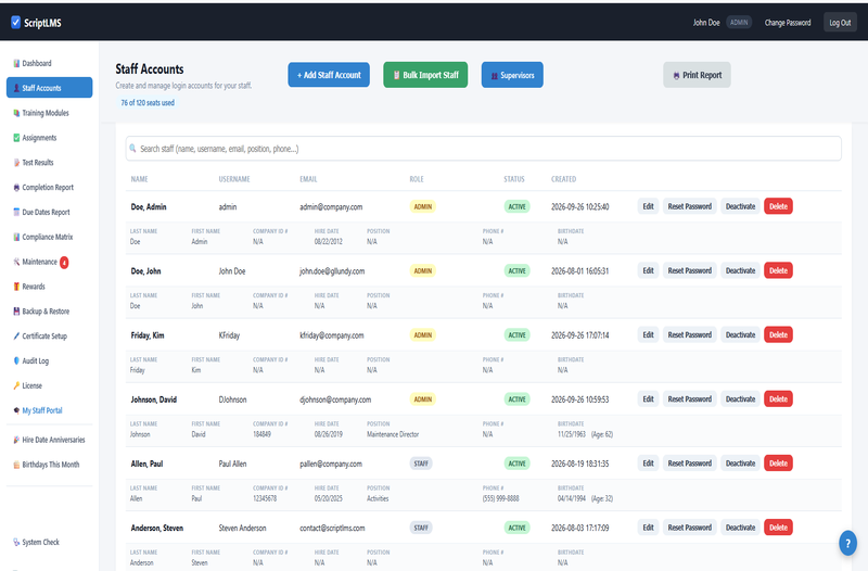 ScriptLMS Staff Accounts page for adding, importing, and managing staff logins
